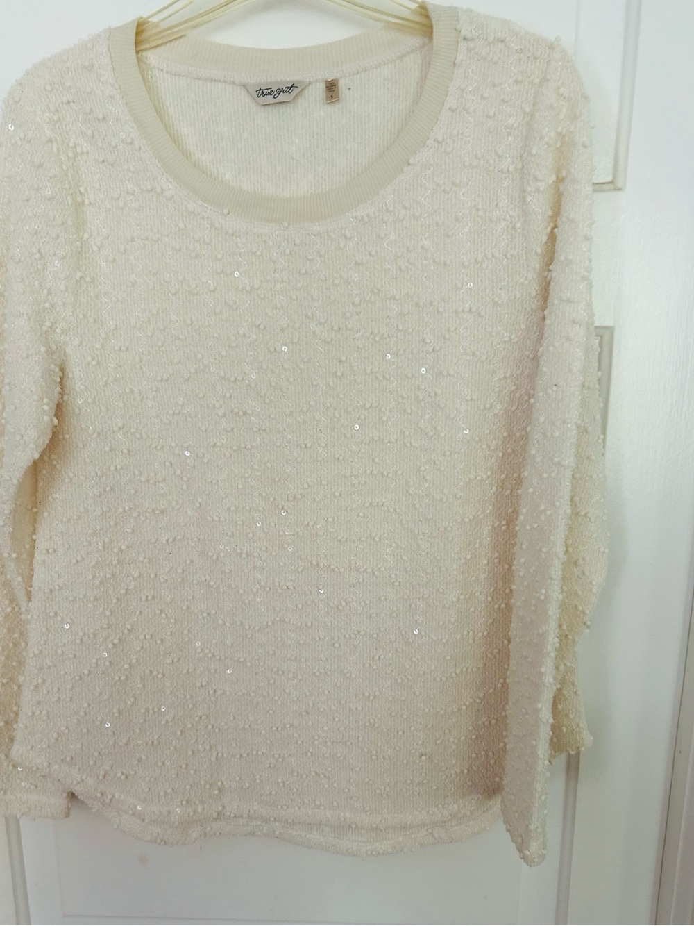 True Grit Cream Sequin Nubby Crewneck Top